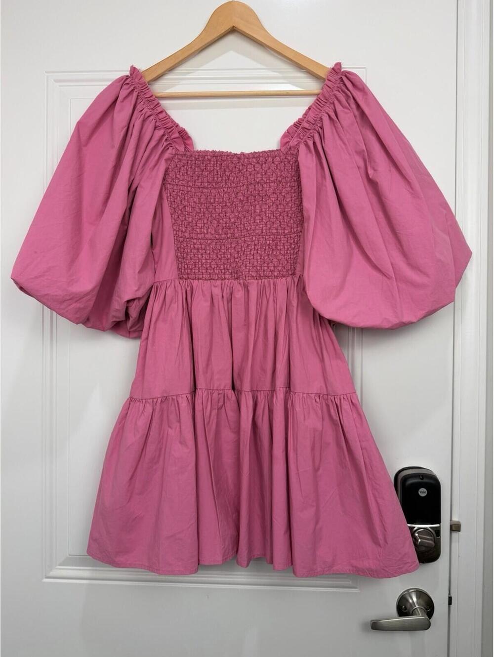 Pink Rose Pink Puff-Sleeve Smocked Mini Dress